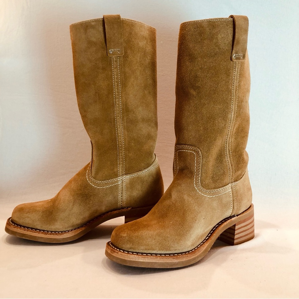 FRYE CAMPUS 12R Tan Mid Calf Suede Leather Boots Stacked wood heel Round toe 6.5 - Picture 4 of 15